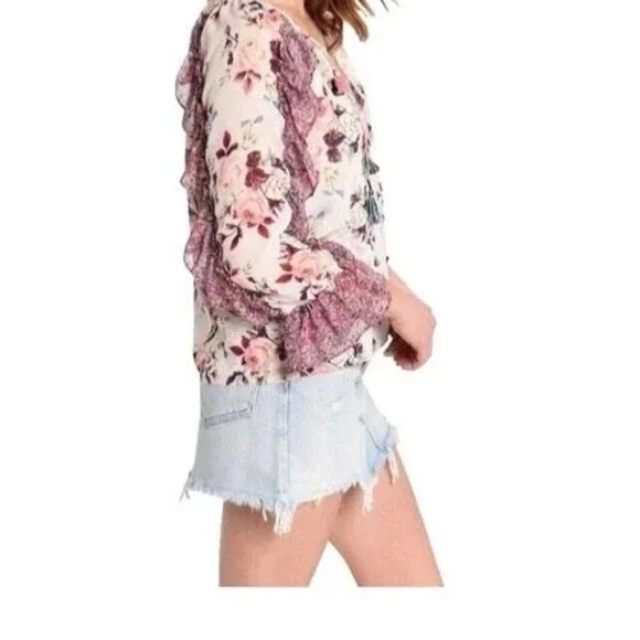 Misa Los Angeles Women’s Top Sia Pink Floral Roses Medium Size Chiffon Blouse - Picture 2 of 13